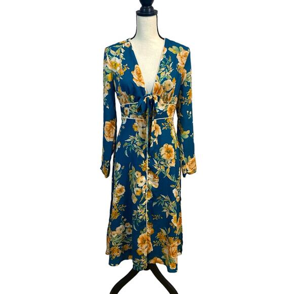 June & Hudson Teal Floral Button Front Midi Dress Size Medium - Picture 2 of 9